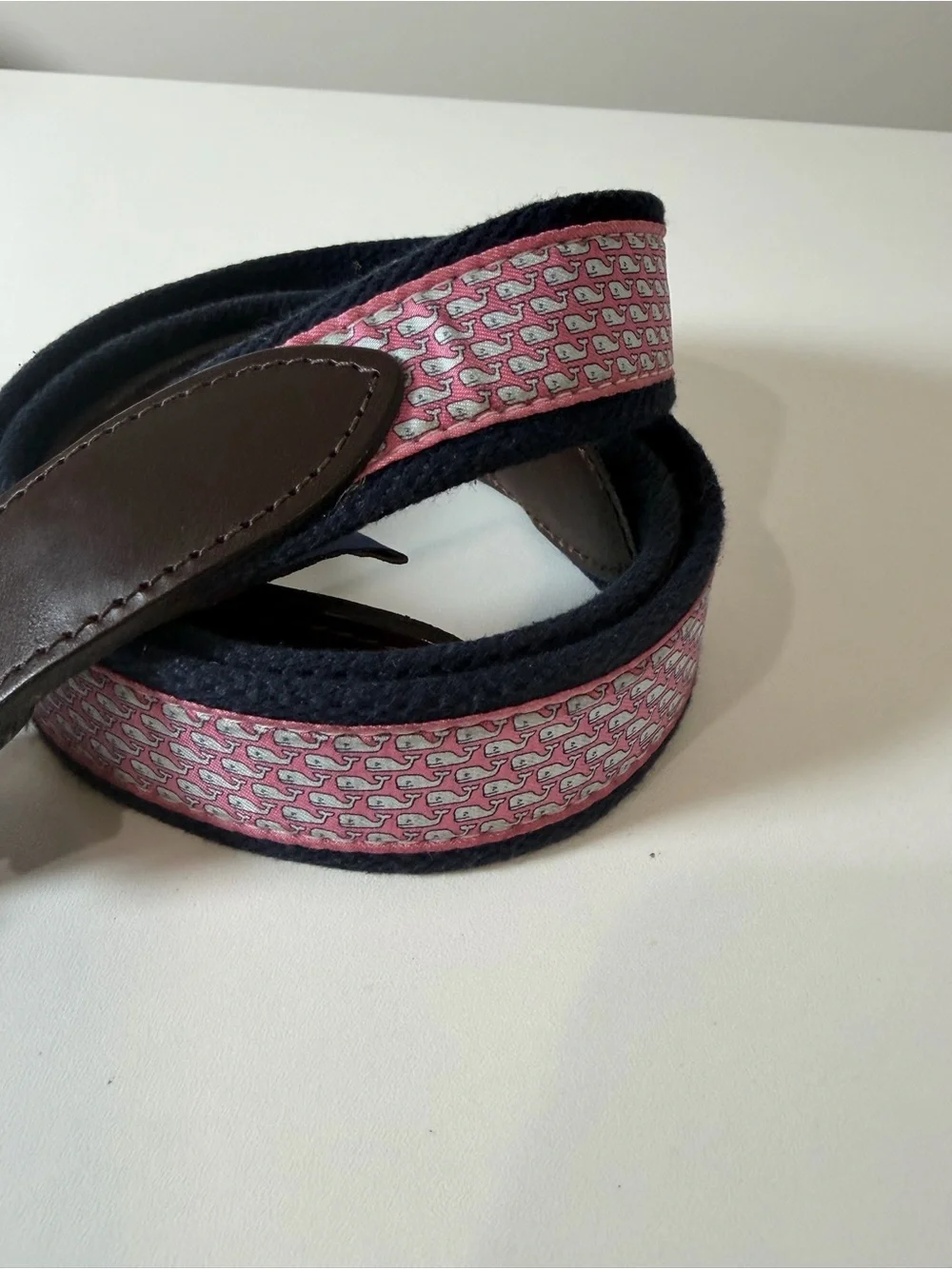Men's Vineyard Vines Size 40 Pink Whale Patterned Canvas Leather-Trim Belt